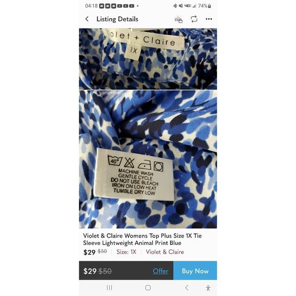 Violet & Claire Women Tunic Top Size 1X Tie Sleeve Lightweight Animal Print Blue - Picture 11 of 11